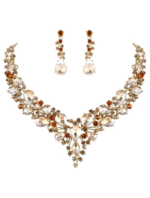 BriLove Women's Wedding Bridal Austrian Crystal Teardrop Cluster Statement Necklace Dangle Earrings Set