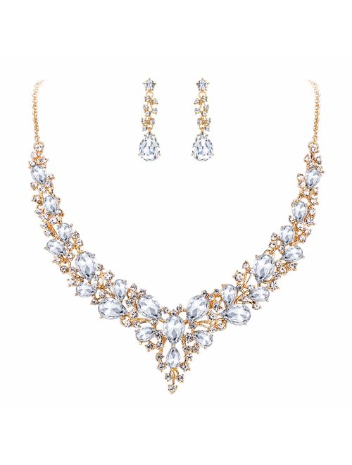 BriLove Women's Wedding Bridal Austrian Crystal Teardrop Cluster Statement Necklace Dangle Earrings Set