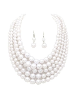 Women's Simulated Faux Pearl Five Multi-Strand Statement Necklace and Earrings Set