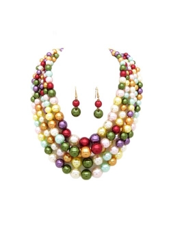 Women's Simulated Faux Pearl Five Multi-Strand Statement Necklace and Earrings Set