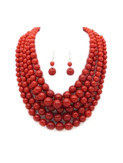 Women's Simulated Faux Pearl Five Multi-Strand Statement Necklace and Earrings Set