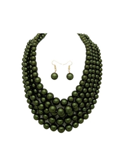 Women's Simulated Faux Pearl Five Multi-Strand Statement Necklace and Earrings Set