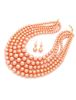 Women's Simulated Faux Pearl Five Multi-Strand Statement Necklace and Earrings Set