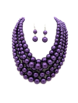 Women's Simulated Faux Pearl Five Multi-Strand Statement Necklace and Earrings Set