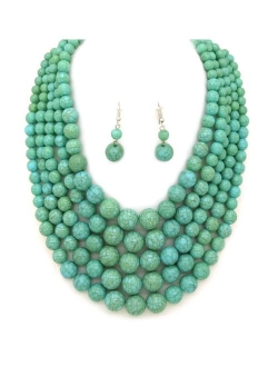 Women's Simulated Faux Pearl Five Multi-Strand Statement Necklace and Earrings Set