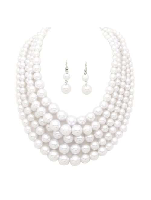 Women's Simulated Faux Pearl Five Multi-Strand Statement Necklace and Earrings Set