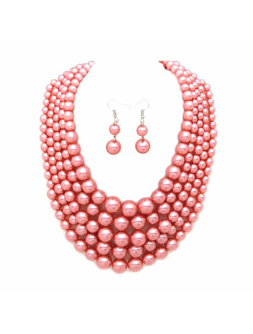 Women's Simulated Faux Pearl Five Multi-Strand Statement Necklace and Earrings Set