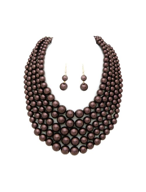 Women's Simulated Faux Pearl Five Multi-Strand Statement Necklace and Earrings Set