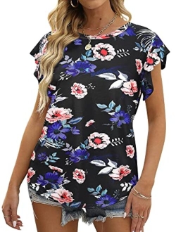 Ezcosplay Women's Round Neck Short Sleeve Floral Print Asymmetric Hem Shirt Top