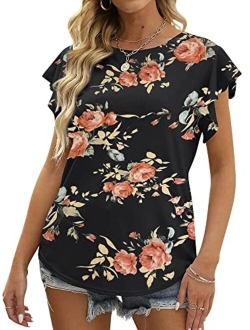 Ezcosplay Women's Round Neck Short Sleeve Floral Print Asymmetric Hem Shirt Top