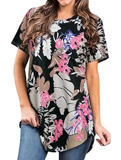 Ezcosplay Women's Round Neck Short Sleeve Floral Print Asymmetric Hem Shirt Top