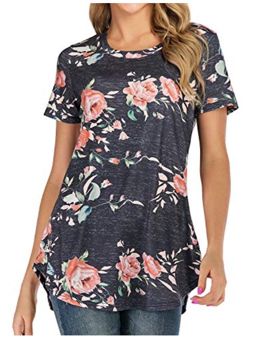 Ezcosplay Women's Round Neck Short Sleeve Floral Print Asymmetric Hem Shirt Top