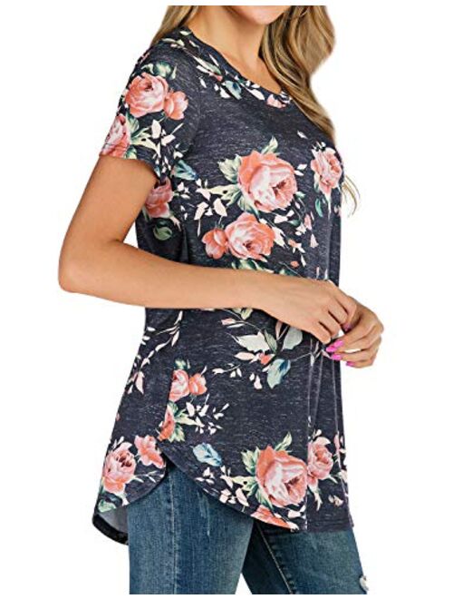 Ezcosplay Women's Round Neck Short Sleeve Floral Print Asymmetric Hem Shirt Top