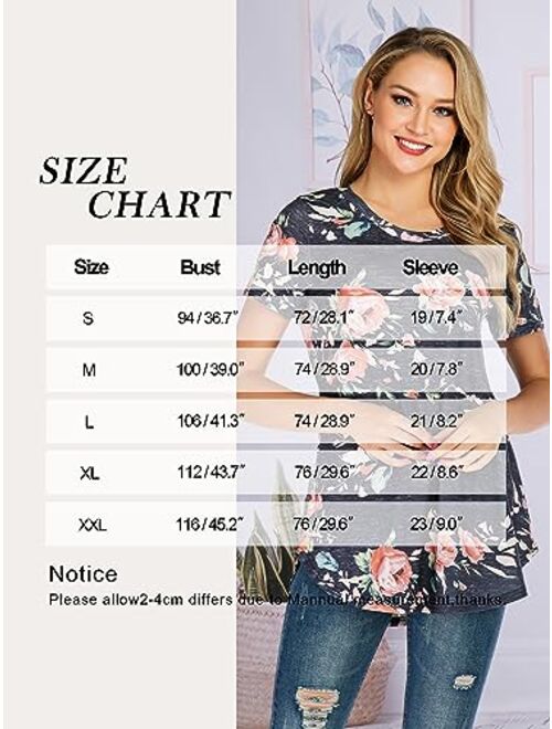 Ezcosplay Women's Round Neck Short Sleeve Floral Print Asymmetric Hem Shirt Top