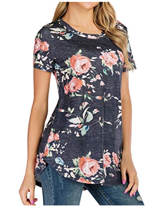 Ezcosplay Women's Round Neck Short Sleeve Floral Print Asymmetric Hem Shirt Top