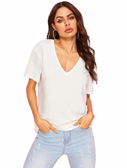 SheIn Women's Summer Teen Basic V Neck Short Sleeve Loose Casual Tee T-Shirt Top