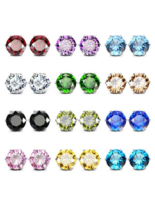 JewelrieShop Stud Earrings for Women Girl Stainless Steel Post Earrings Hypoallergenic CZ Birthstone Ear Studs Earings (Multicolor,4-8mm,8-12pairs)