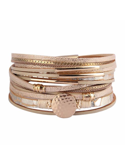 AZORA Leather Wrap Bracelets for Women Goldplated Metal Crescent Cuff Bracelet with Magnetic Buckle Casual Bohemian Wrist Bangle Jewelry Gift for Ladies Teen Girls Sister