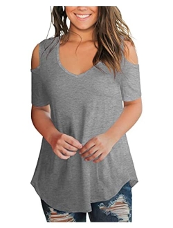 SLIMMING GRIL Women's Casual T Shirt V Neck Cold Shoulder Tops Short Sleeve Tshirt