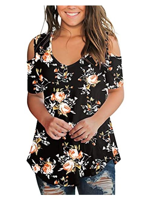 SLIMMING GRIL Women's Casual T Shirt V Neck Cold Shoulder Tops Short Sleeve Tshirt