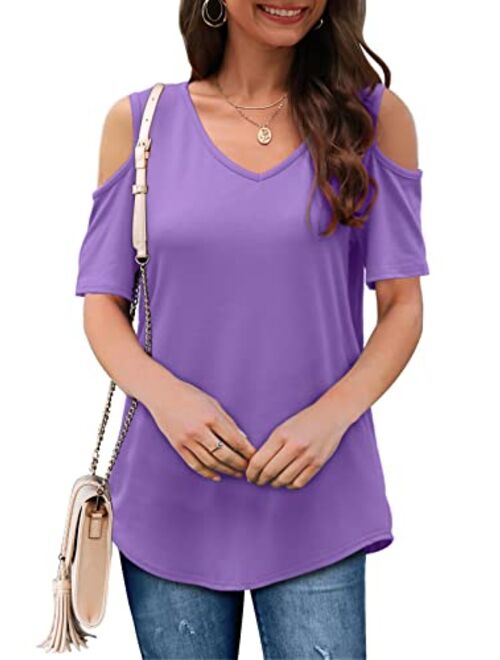 SLIMMING GRIL Women's Casual T Shirt V Neck Cold Shoulder Tops Short Sleeve Tshirt