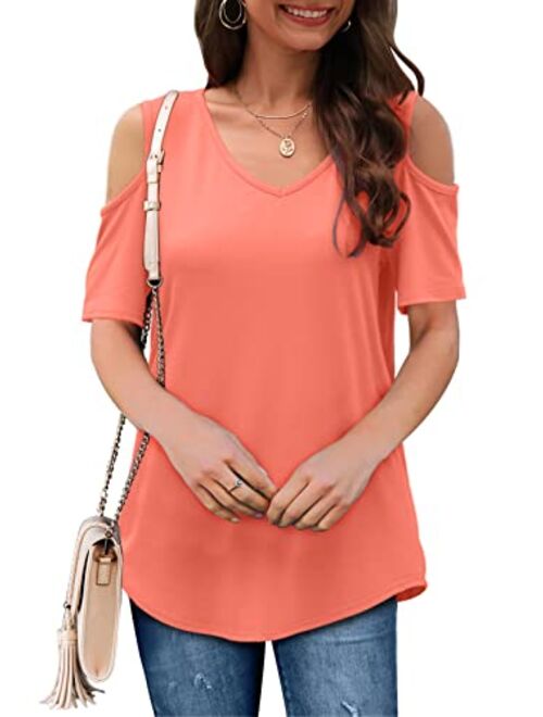 SLIMMING GRIL Women's Casual T Shirt V Neck Cold Shoulder Tops Short Sleeve Tshirt