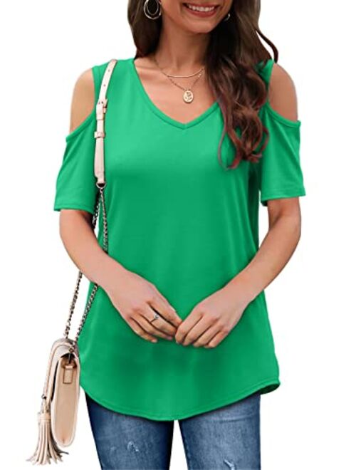 SLIMMING GRIL Women's Casual T Shirt V Neck Cold Shoulder Tops Short Sleeve Tshirt