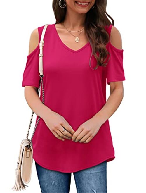 SLIMMING GRIL Women's Casual T Shirt V Neck Cold Shoulder Tops Short Sleeve Tshirt