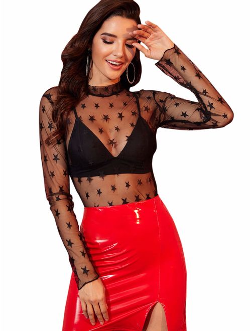 SheIn Women's Sexy Polka Dot Mesh Mock Neck Sheer Top