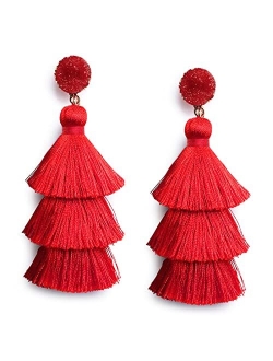 Me&Hz Bohemian Big Dangle Drop Statement Colorful 3 Tier Layer Tassel Earrings