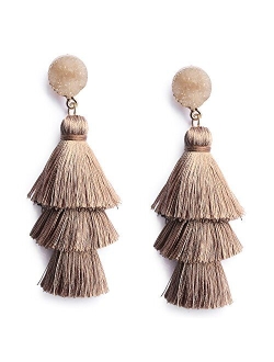 Me&Hz Bohemian Big Dangle Drop Statement Colorful 3 Tier Layer Tassel Earrings