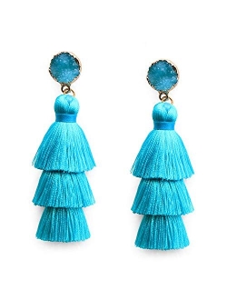 Me&Hz Bohemian Big Dangle Drop Statement Colorful 3 Tier Layer Tassel Earrings