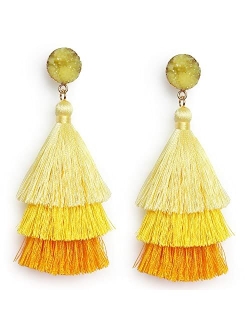 Me&Hz Bohemian Big Dangle Drop Statement Colorful 3 Tier Layer Tassel Earrings