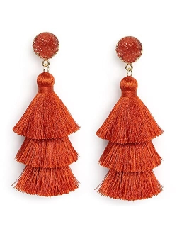 Me&Hz Bohemian Big Dangle Drop Statement Colorful 3 Tier Layer Tassel Earrings