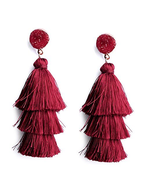 Me&Hz Bohemian Big Dangle Drop Statement Colorful 3 Tier Layer Tassel Earrings