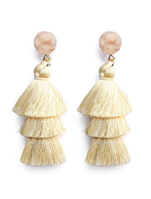 Me&Hz Bohemian Big Dangle Drop Statement Colorful 3 Tier Layer Tassel Earrings