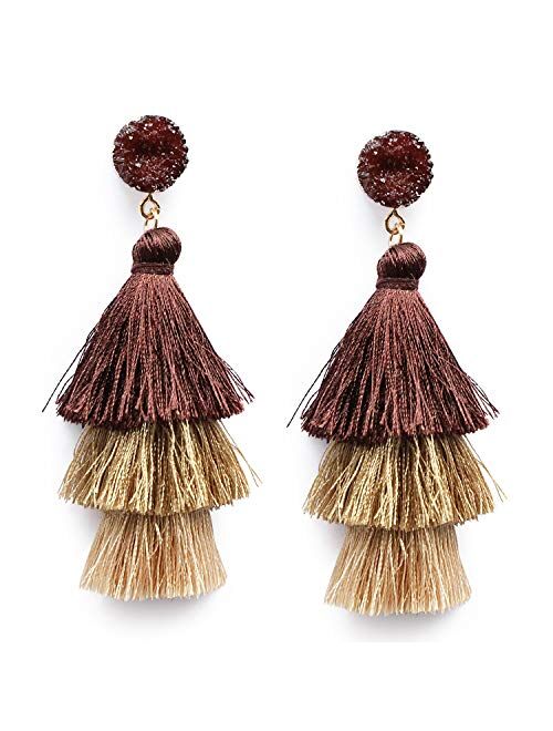 Me&Hz Bohemian Big Dangle Drop Statement Colorful 3 Tier Layer Tassel Earrings