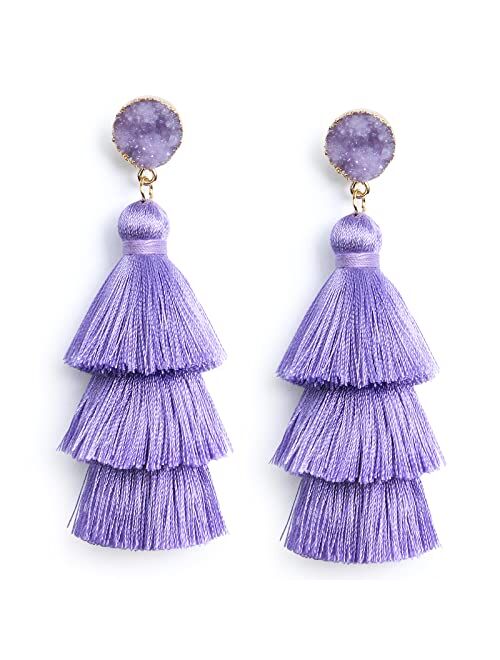 Me&Hz Bohemian Big Dangle Drop Statement Colorful 3 Tier Layer Tassel Earrings