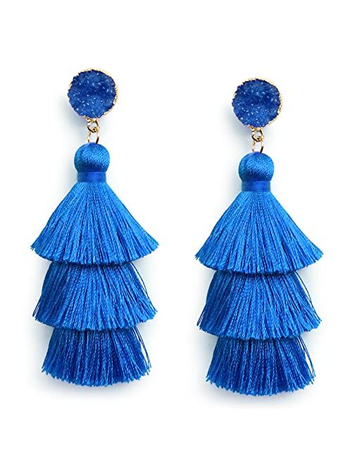 Me&Hz Bohemian Big Dangle Drop Statement Colorful 3 Tier Layer Tassel Earrings