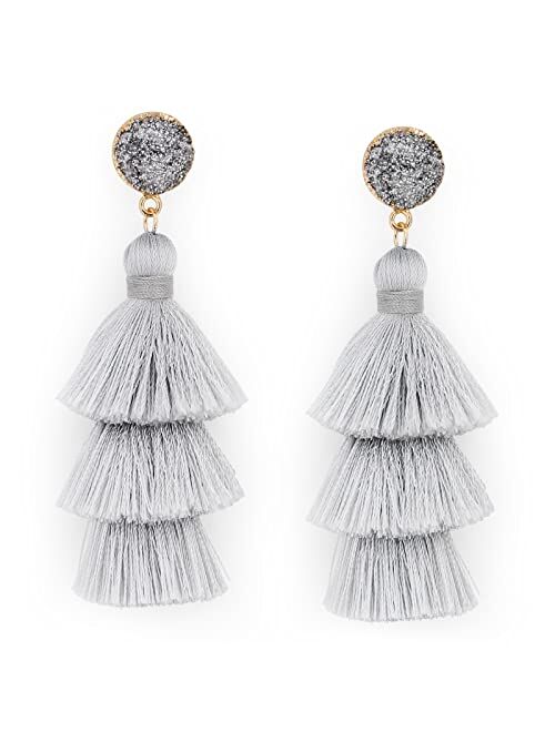 Me&Hz Bohemian Big Dangle Drop Statement Colorful 3 Tier Layer Tassel Earrings