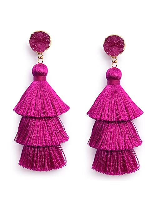 Me&Hz Bohemian Big Dangle Drop Statement Colorful 3 Tier Layer Tassel Earrings