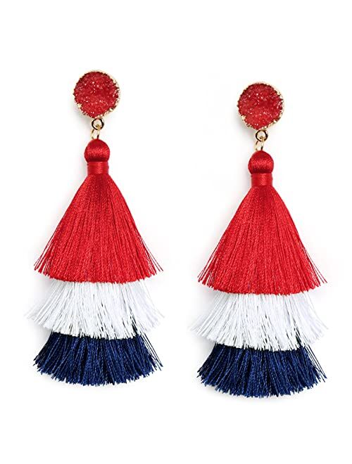 Me&Hz Bohemian Big Dangle Drop Statement Colorful 3 Tier Layer Tassel Earrings