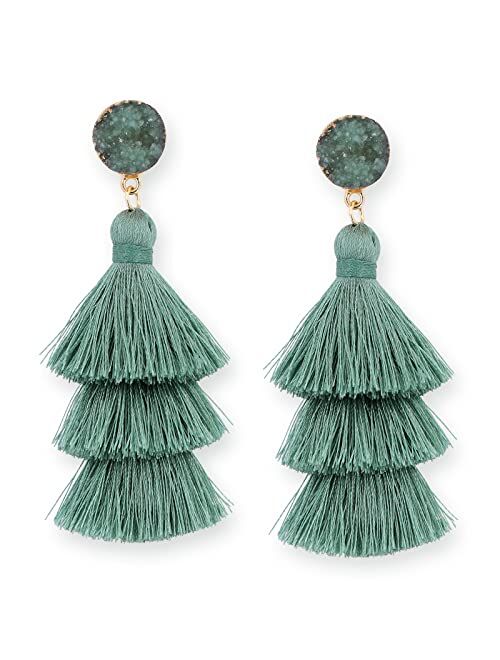 Me&Hz Bohemian Big Dangle Drop Statement Colorful 3 Tier Layer Tassel Earrings