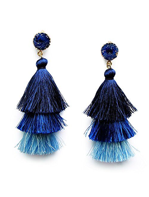 Me&Hz Bohemian Big Dangle Drop Statement Colorful 3 Tier Layer Tassel Earrings