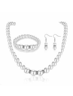 Femtindo Faux Pearl Necklace Earring and Bracelet Black Costume Jewelry Set for Women