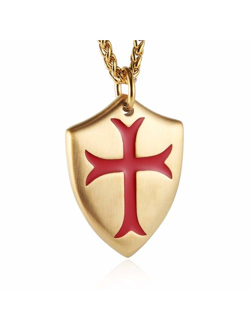 HZMAN Knights Templar Cross Joshua 1:9 Shield Stainless Steel Pendant Necklace with 24 inch Chain