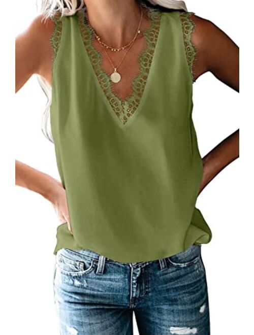 BLENCOT Womens 3/4 Bell Sleeve V Neck Lace Patchwork Blouse Casual Loose Shirt Tops