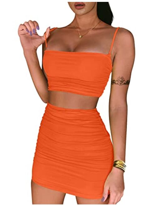 BEAGIMEG Women's Ruched Cami Crop Top Bodycon Skirt 2 Piece Outfits Dress