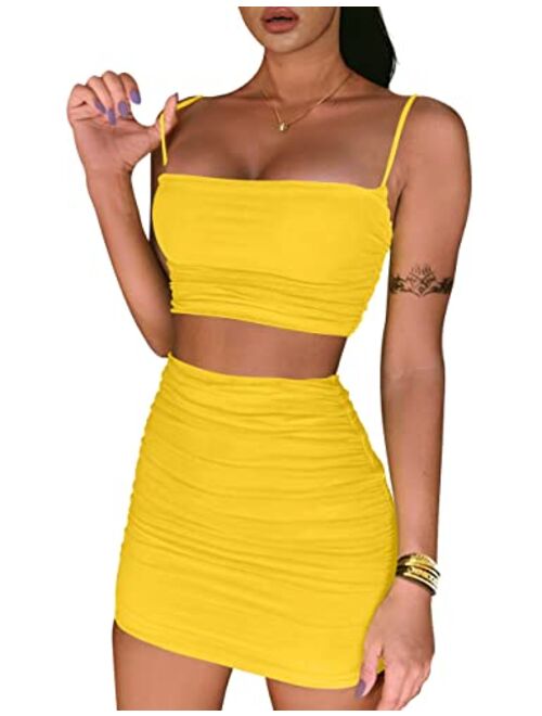 BEAGIMEG Women's Ruched Cami Crop Top Bodycon Skirt 2 Piece Outfits Dress