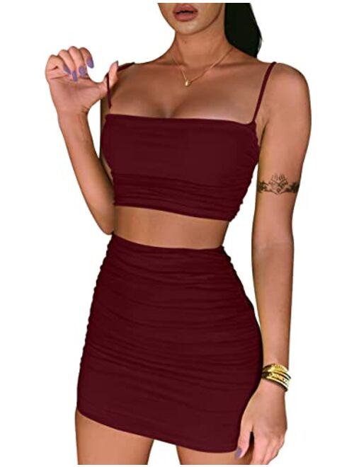 BEAGIMEG Women's Ruched Cami Crop Top Bodycon Skirt 2 Piece Outfits Dress